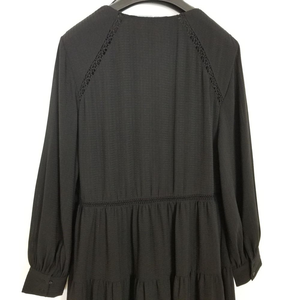 Zara Women Textured Midi Tiered Dress Sz L Black V Neck Boho Relaxed Vacation - Picture 6 of 9
